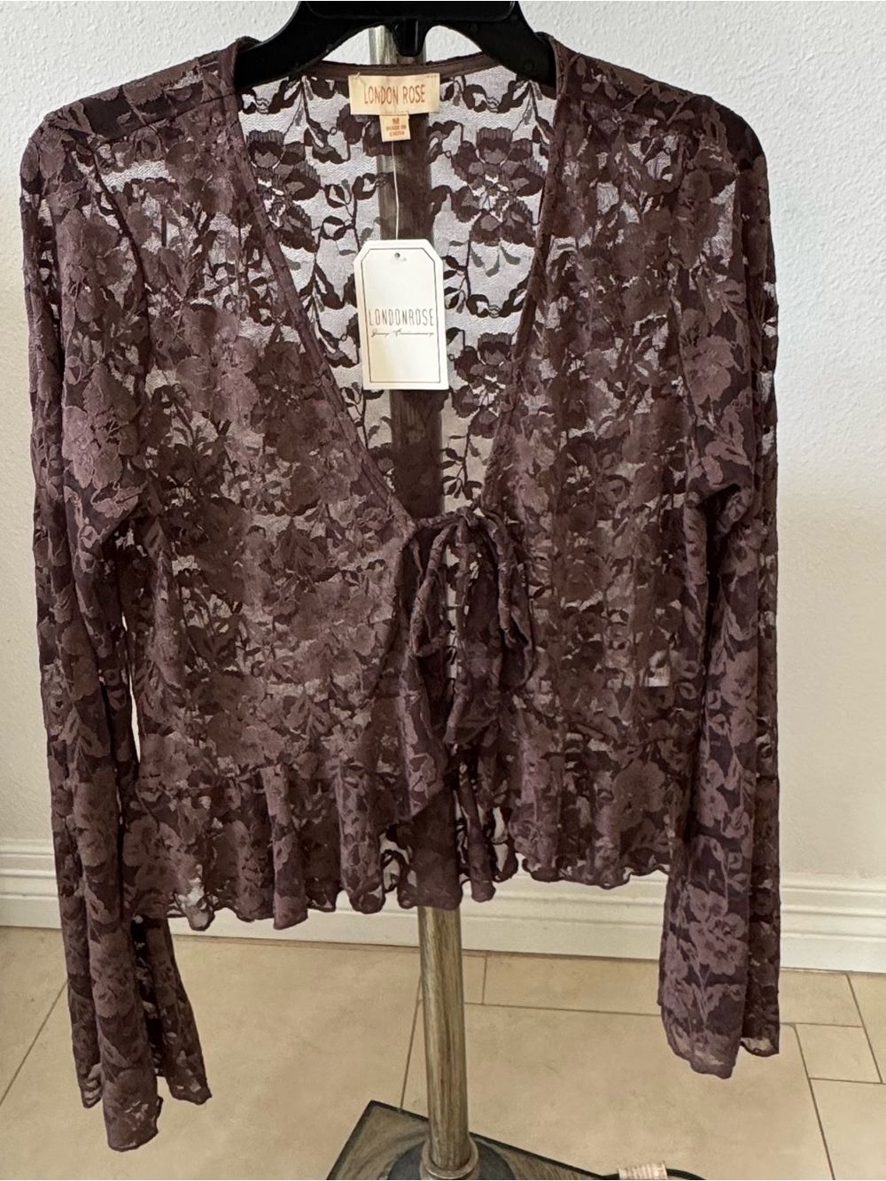 London Rose Brown Sheer Floral Lace Tie Front Peplum Cardigan Top M